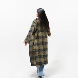Oversized Plaid Longline Coat — Wool-Blend Textured Jacket | Green/Black Check